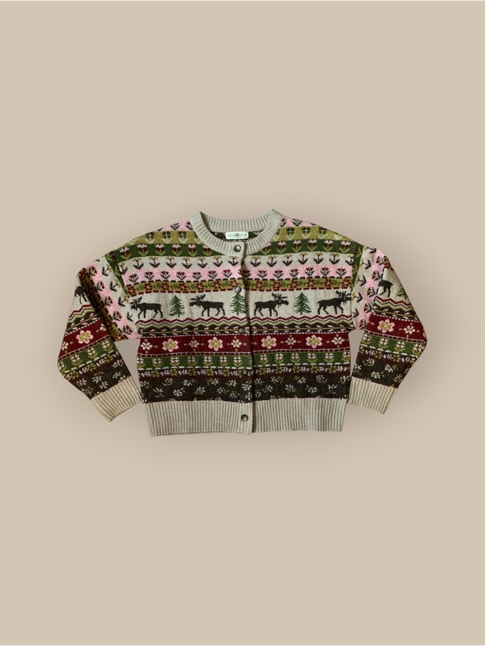 NATURAL LIFE Fair Isle Moose Cardigan - Pink, Olive & Cream